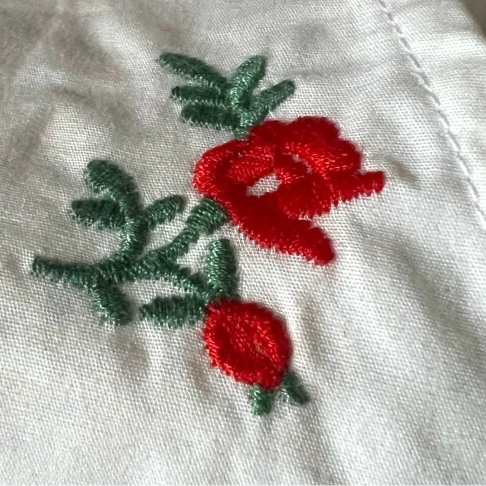 Anthropologie White Floral Tie-Waist Blouse with Red Roses